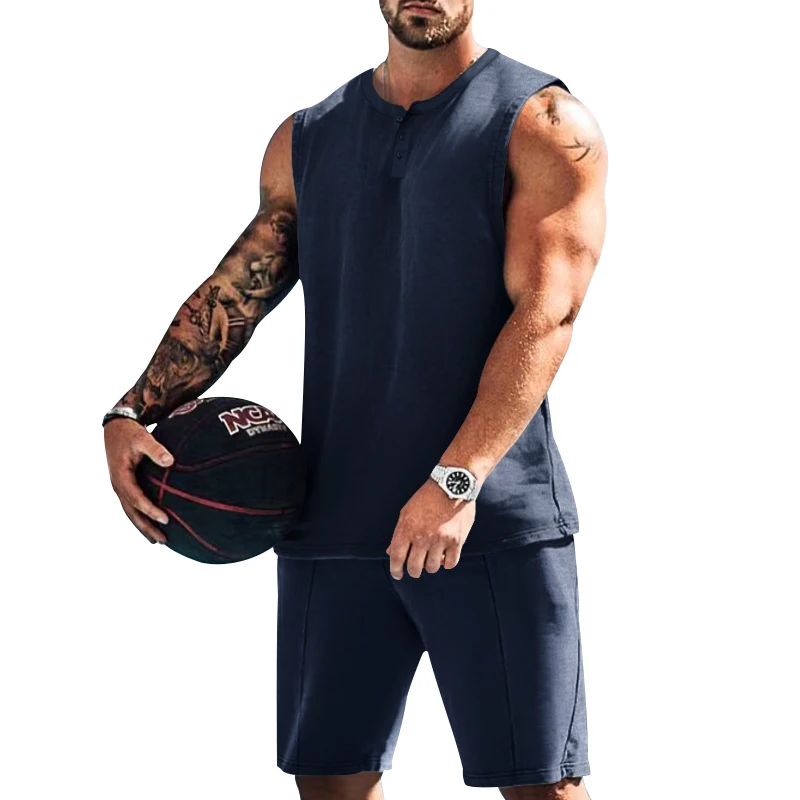 2023 Men's Set Round Neck Sleeveless Casual Top+Sports Drawstring Elastic Waist Fitness Shorts Boutique Two Piece Set