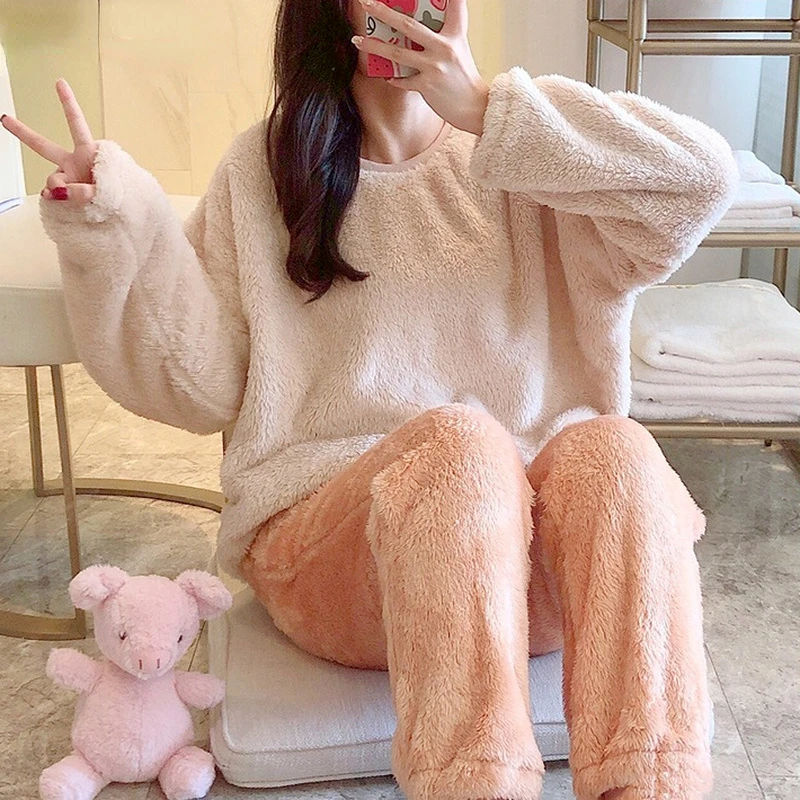 

Однотонные пижамные комплекты, женские свободные топы с круглым вырезом, комплекты штанов, милая фланелевая утепленная Удобная зимняя одежда для сна для девочек, модная одежда для отдыха для женщин