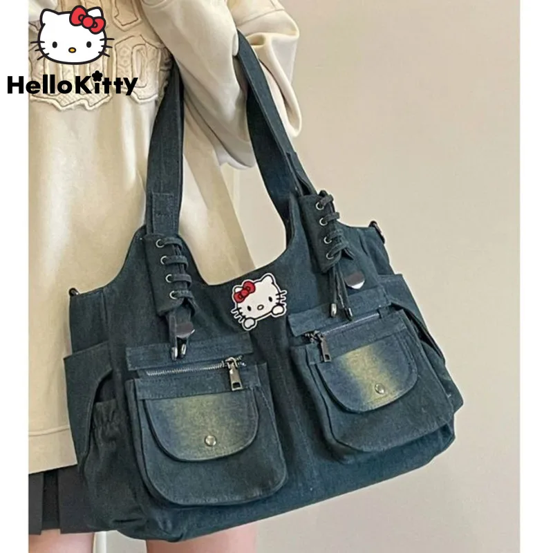 

Женская джинсовая сумка-тоут с множеством карманов, в стиле ретро