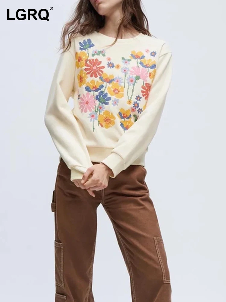 

LGRQ 2023 Модный Элегантный вышитый цветок круглый вырез вязаный пуловер Женский высококачественный модный Повседневный свитер Новинка 19F4145
