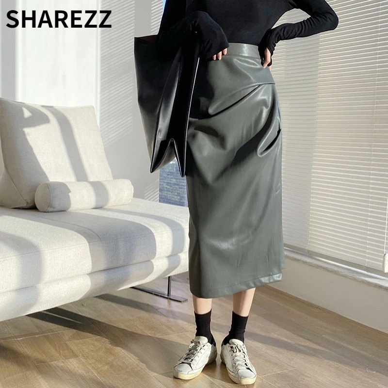 

High Quality PU Leather Black Women's High-waisted Skirt Irregular Fold Side Split H-shaped Loose Leather Skirt Y2k Harajuku