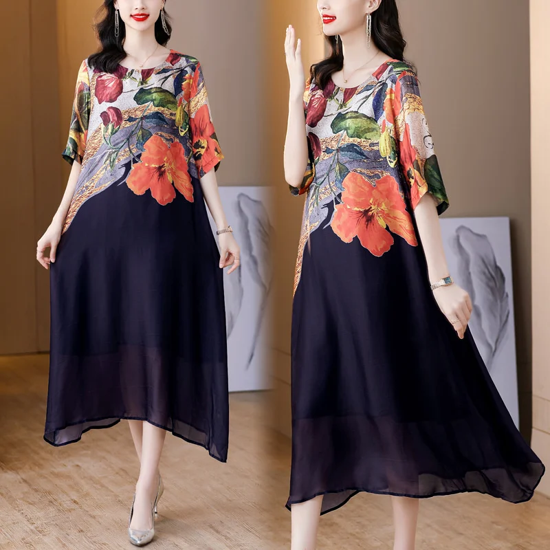 

Foreign Style Age-reducing Your Lady Printed High-end Dress Female 2023 Summer Loose Everything Gentle Wind Mother Long Skirt X4