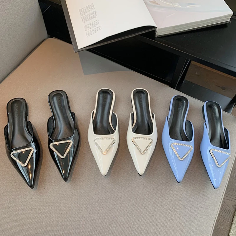 

Female New Mules Slippers Flats Shoes Women 2022 Spring Pointed Toe Flip Flops Casual Outdoor Shoes Ladies Rhinestone Slides