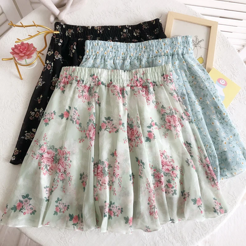 

2022 summer new all-match sweet and cute small fresh floral elastic high waist thin skirt printed short skirt women