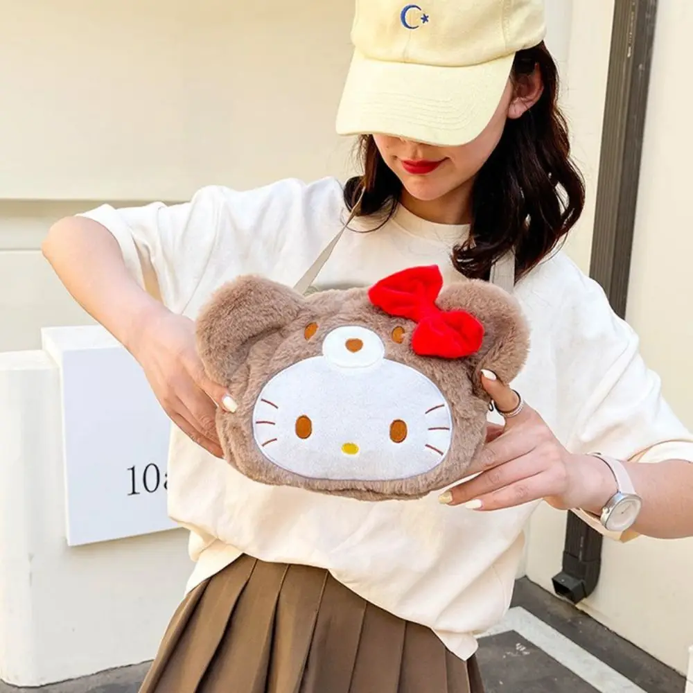 

Милые плюшевые сумки Hello Kitty Sanrio для женщин, сумка на плечо для девушек, кавайный дизайн с бантом, коричневые сумки через плечо, подарки для детей