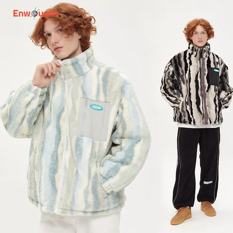 Winter Gradient Color Cashmere Jacket Casual Outerwear Streetwear Varsity Korean Fashion Coat Oversized Fleece Warm Men Clothing