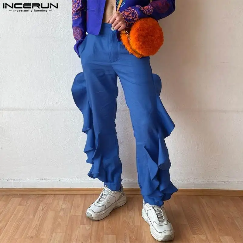 

Fashion Casual Style Long Pant INCERUN Men Solid Ruffle Trousers Streetwear Party Hot Sale Male Loose Comfortable Trousers S-5XL