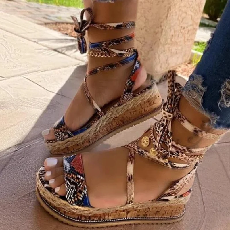 

Women Sandals Summer Snake Wedge Shoes Ethnic Print Fashion Casual Lace Up Women Shoes Beach Ladies Plus Size Shoes Sandals