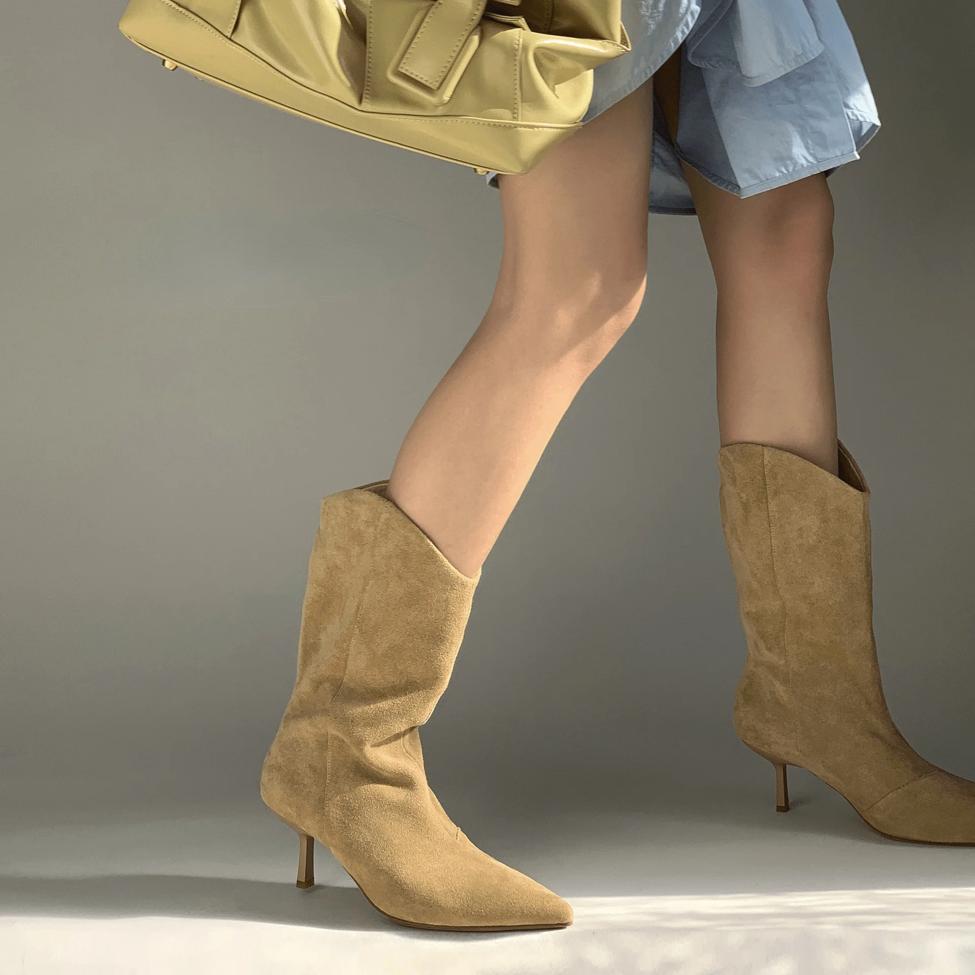 

Korean Style Fashion Faux Suede Mid-calf Boot Pointed Stiletto Short Cowboy Boot Office Lady Banquet High Heel Shoes Women Botas