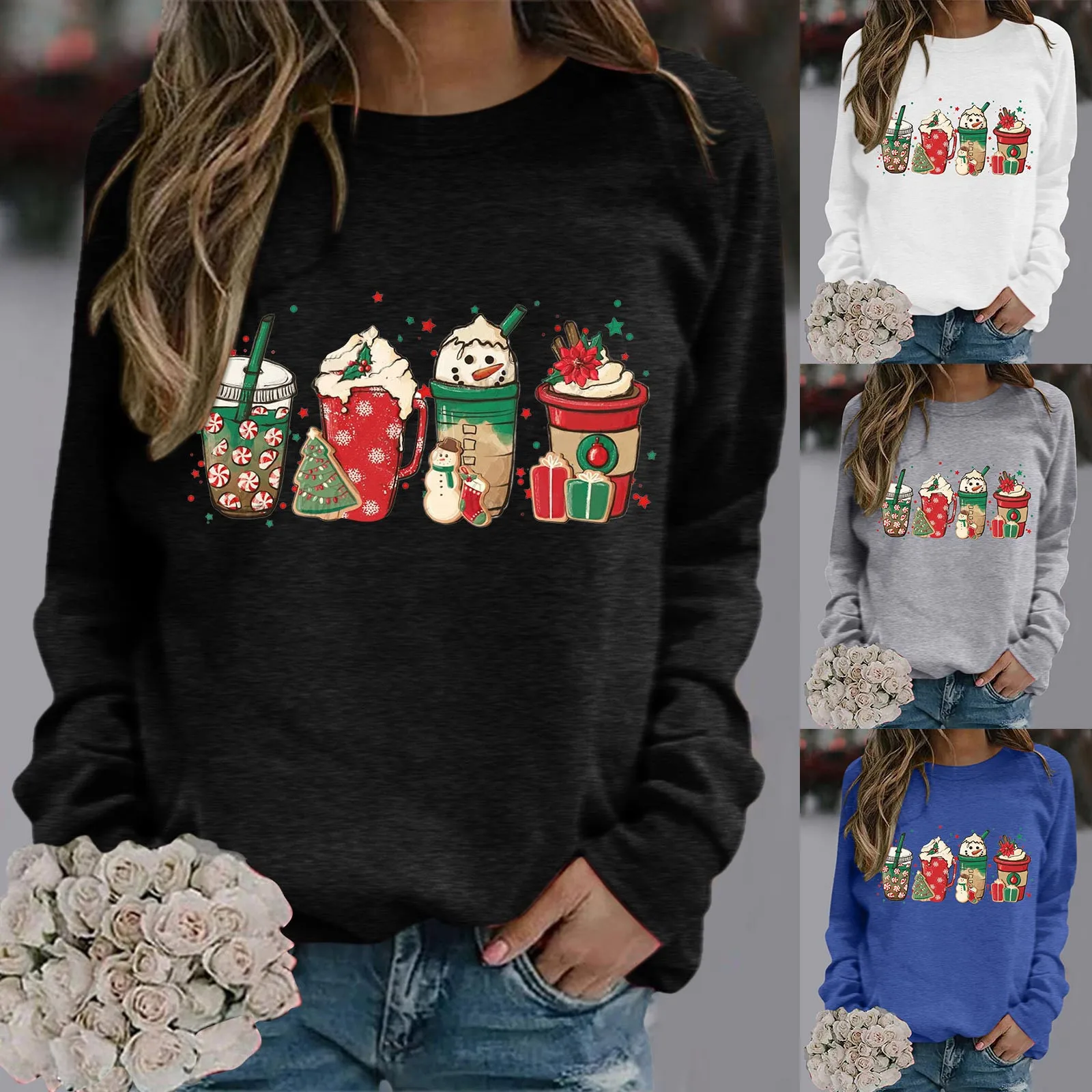 

Женский Повседневный Свободный Топ с милым принтом, однотонный топ с круглым вырезом и длинным рукавом, свободный Рождественский топ с круг...