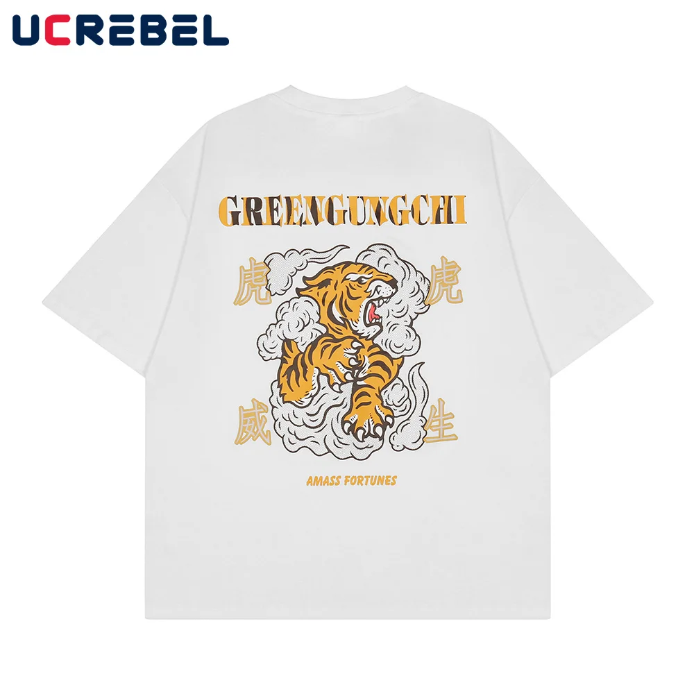 

Cartoon Tiger Print Short Sleeve T-shirt Mens Streetwear Trend Loose Crew Neck Half-Sleeve Summer Casual Cotton Tee Men
