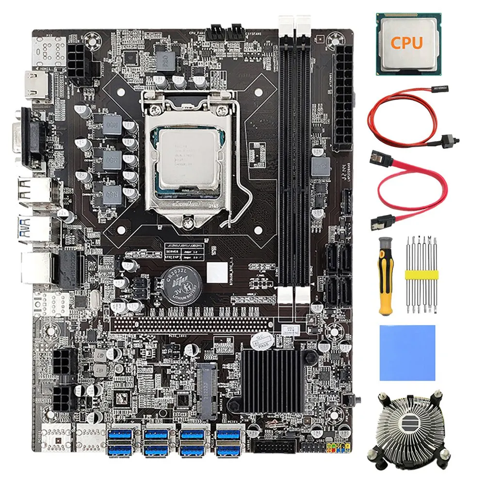B75 8 Card BTC Mining Motherboard+CPU+Fan+Thermal Pad+Screwdriver+SATA+Switch Cable 8X USB3.0(PCIE)LGA1155 DDR3 MSATA
