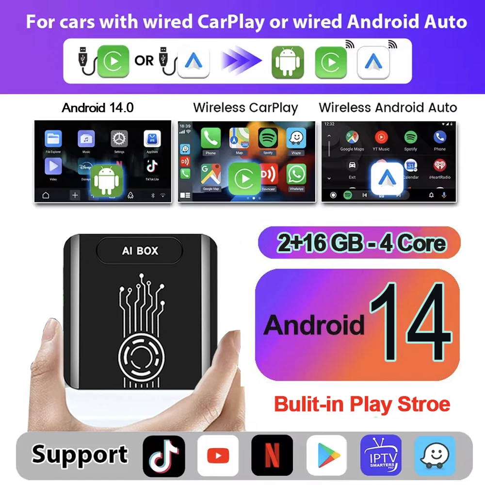 

Новый Адаптер CarPlay AI Box На Android 14, Беспроводной, 8-ядерный, 4G LTE Для TikTok, YouTube, Netflix