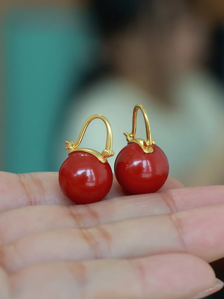 Женские серьги из натуральной киновари стерлинговое серебро S925 позолоченные