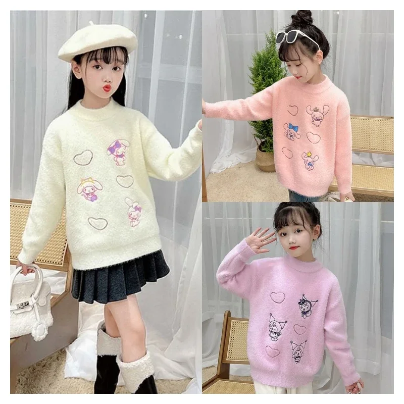

Sanrios Anime Kuromi Cinnamoroll My Melody Autumn Winter Kawaii Embroidered Sweater Cartoon Girls Thickened Warm Tops Kids Gift
