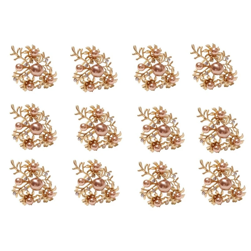 

12 Pcs Wedding Holiday Gold Napkin Rings With Flowers Pearl Leaves Rhinestone Napkin Ring Party Decor For Dinner,Etc