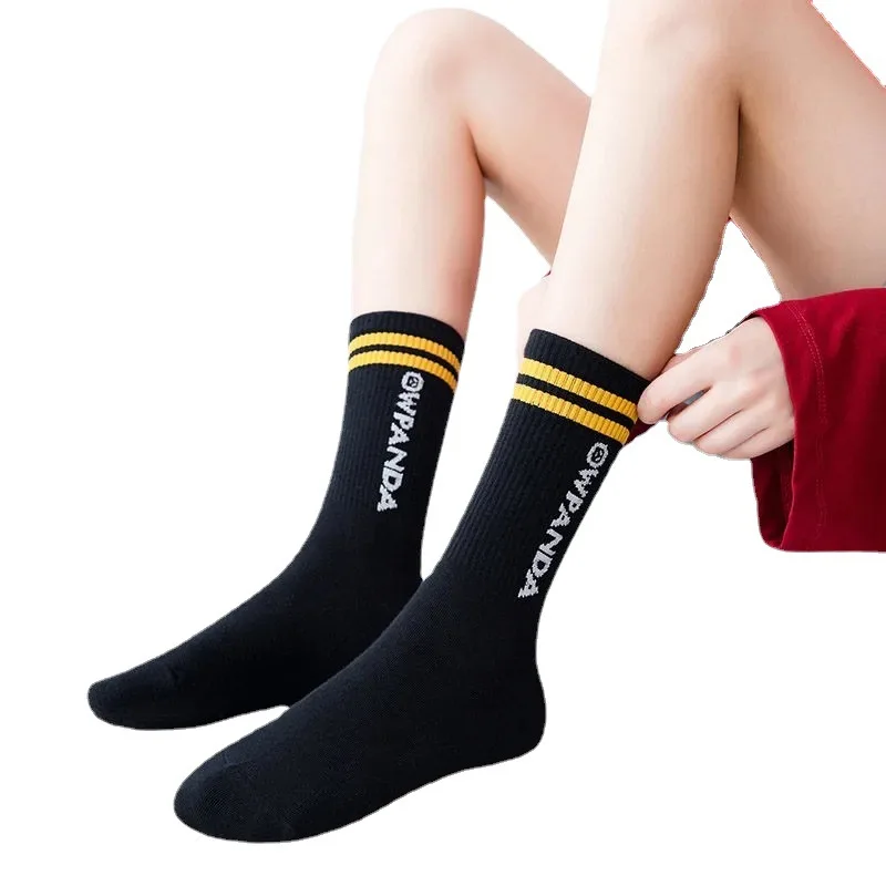 Cotton Knitting Striped Long Socks Solid Color Harajuku Retro Black White Crew Socks Japanese High School Girls Cute Socks