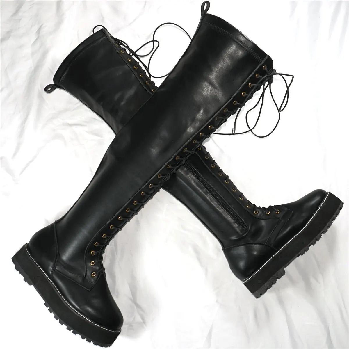 Winter Thigh High Creepers Women Lace Up Med Heel Over The Knee High Snow Boots Female Chunky Platform Pumps Shoes Casual Shoes