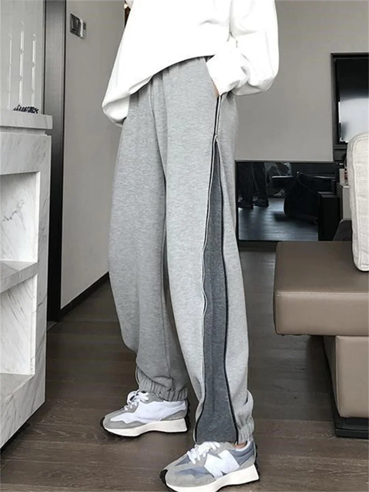 

QWEEK Korean Fashion Gray Fleece Jogging Sweatpants Women Harajuku Patchwork Oversize Wide Leg Sports Pants Basic Female Track