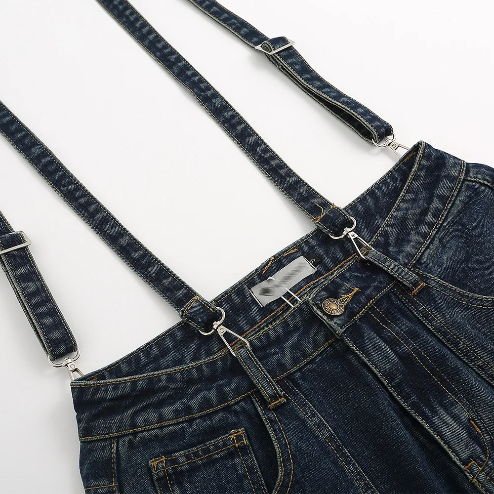 Streetwear American Multi Pocket Work Clothes Washing Jeans Men Loose Wide Leg Pants Detachable Suspender Denim Trousers