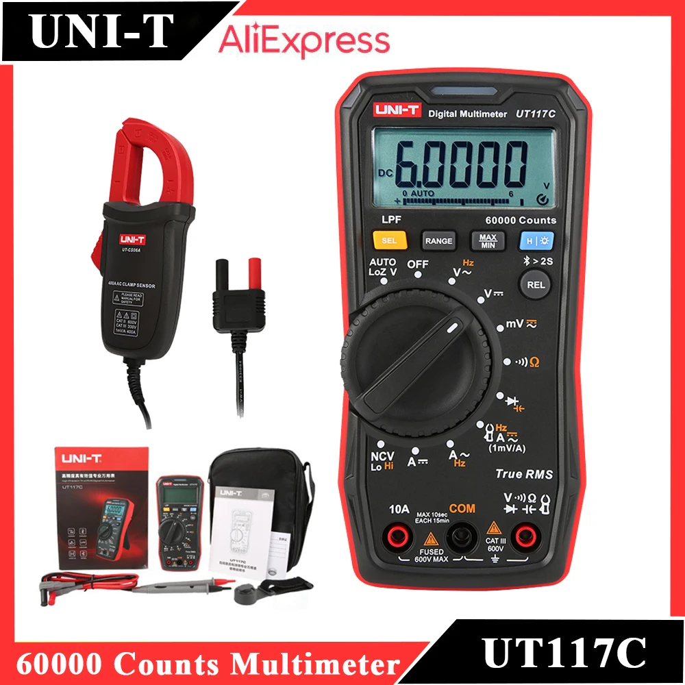 

UNI-T UT117C Multimeter Digital 60000 Count AC DC Ammeter Voltmeter Continuity NCV Loz LPF Diode Tester Bluetooth Multi Meter