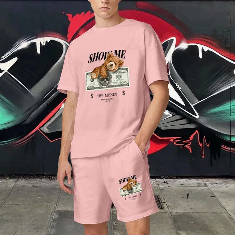 Summer Shorts Tracksuit Men T Two Piece Sets Short Sleeve Anime Shirt Cartoon Bear Print Cotton Streetwear Sports Suit Plus Size