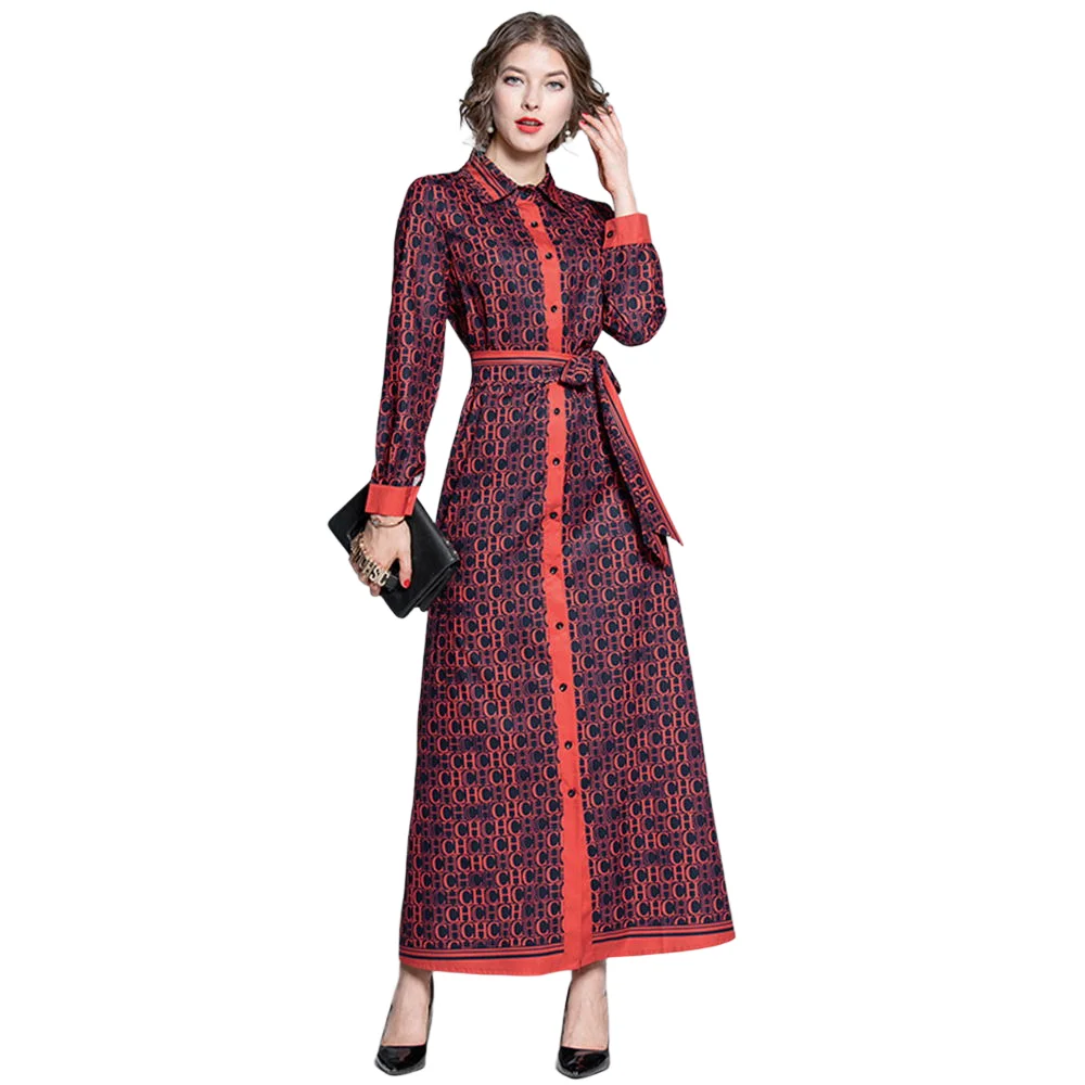 

Summer Dresses for Women 2023 New Elegant Vintage Lapel Ankle Length Long Sleeve Collar High Waist Print Female Clothing