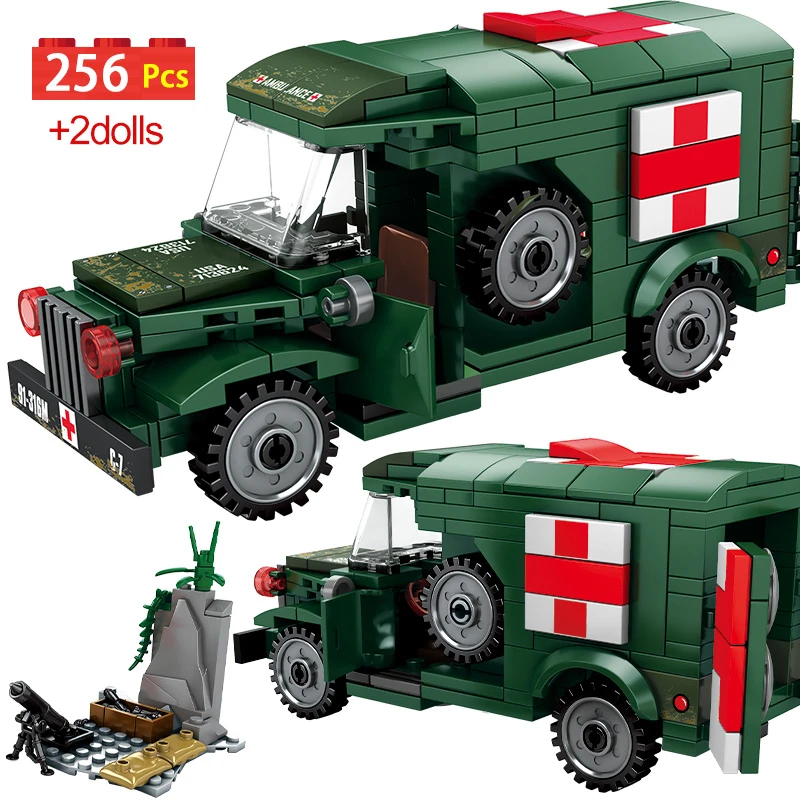 

256pcs WW2 Technical Military Medical Car Fighting Building Blocks City Survival Warfare Vehicle Figures Bricks Toy For Kids