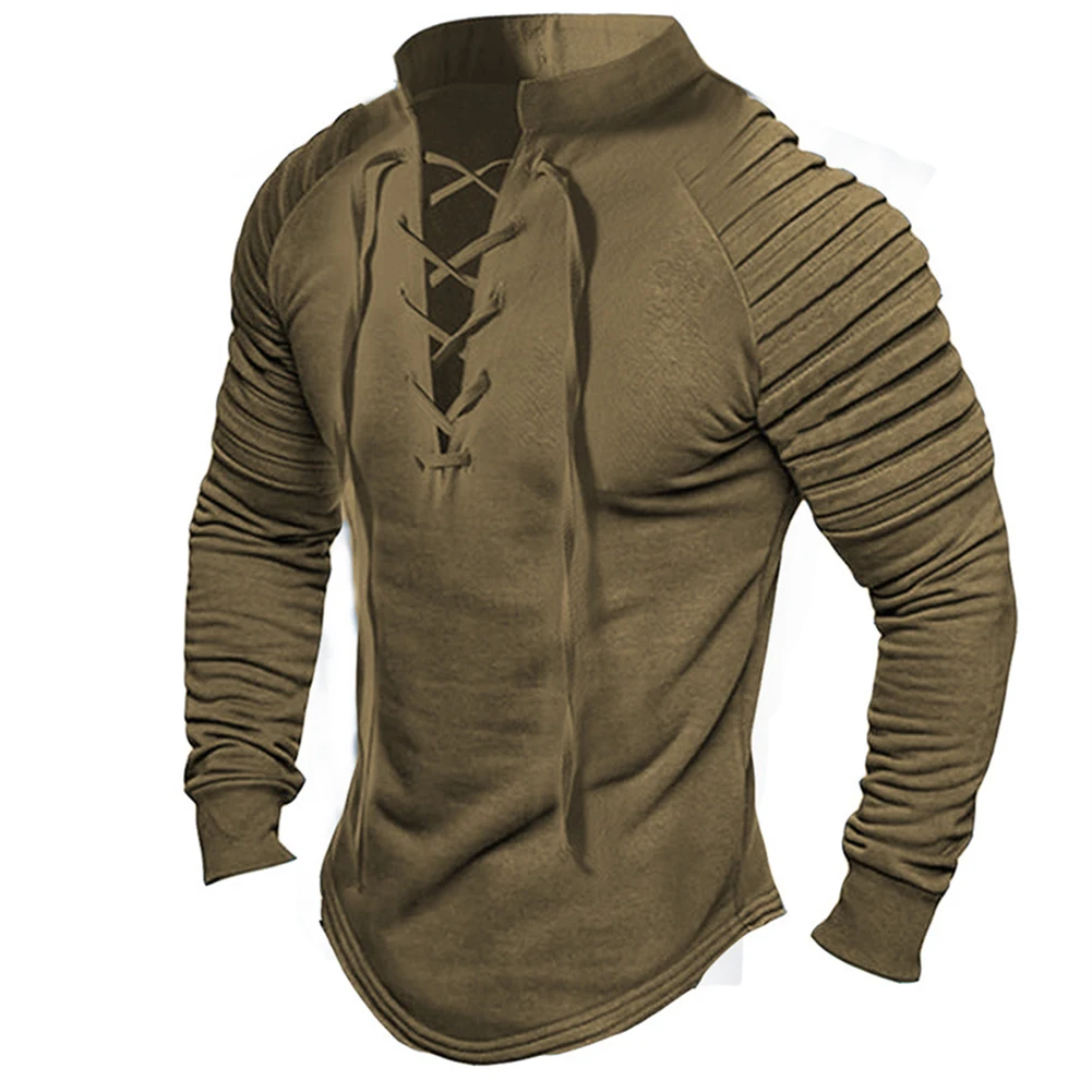 

Mens Long Sleeve Muscle T-Shirt Workout Tee Gym Lace Up V Neck Slim Fit Shirts