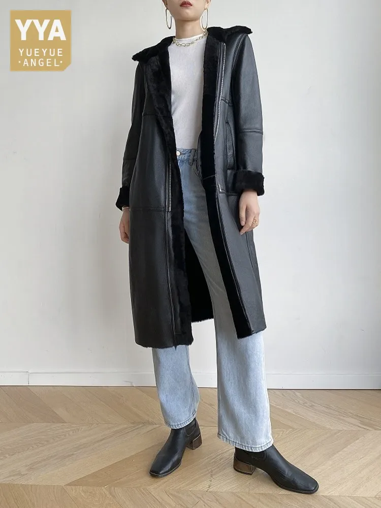 

Winter Women Sheep Shearling Long Jacket Thick Warm Natural Wool Fur Lining Overcoat Military Style Loose Straight Real Fur Coat