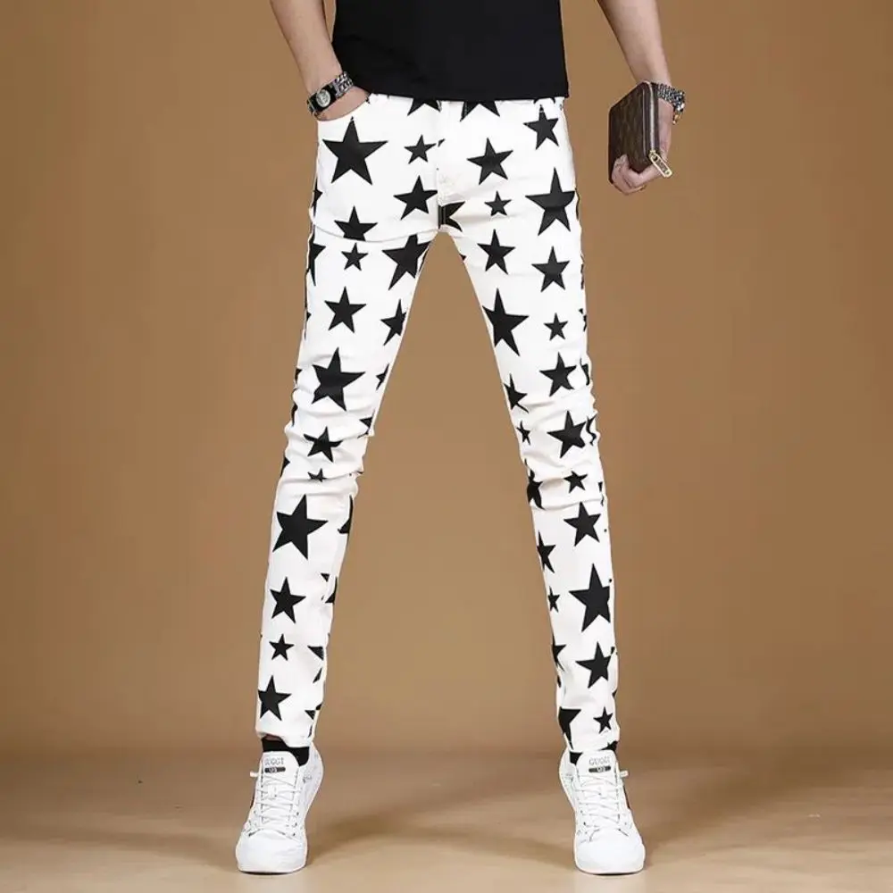 Star Printed Men Jeans Slim Fit Trousers Fashion Stretch Pencil Pants Casual Streetwear High Street Denim Vintage