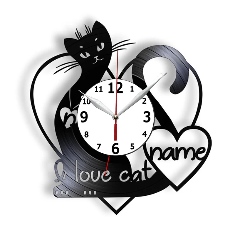 

Настенные часы с виниловой пластиной и именем на заказ «I Love Cat»