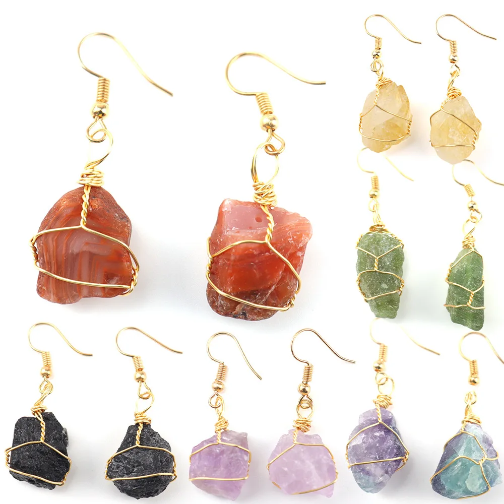 

10pairs Natural Raw Stone Earrings For Women Girl Geometric Crystal Amethyst Rose Quartz Citrine Balance Dangle Earrings Jewelry