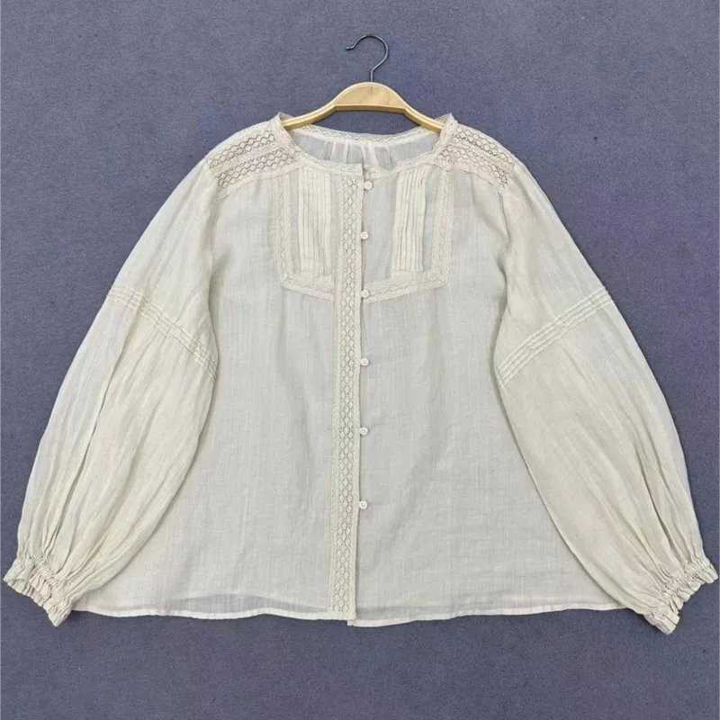 Johnature японские кружевные плиссированные топы Ramie новинка лета 2024 свободная