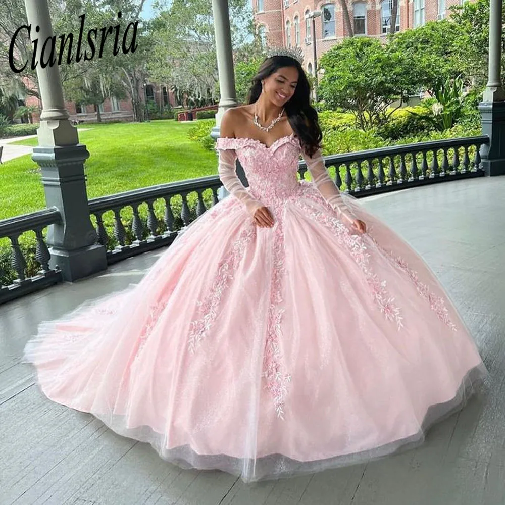 

Розовое Бальное платье принцессы, платья для Quinceanera 2022, милое платье с аппликацией из бисера и блестками 16, платья 15
