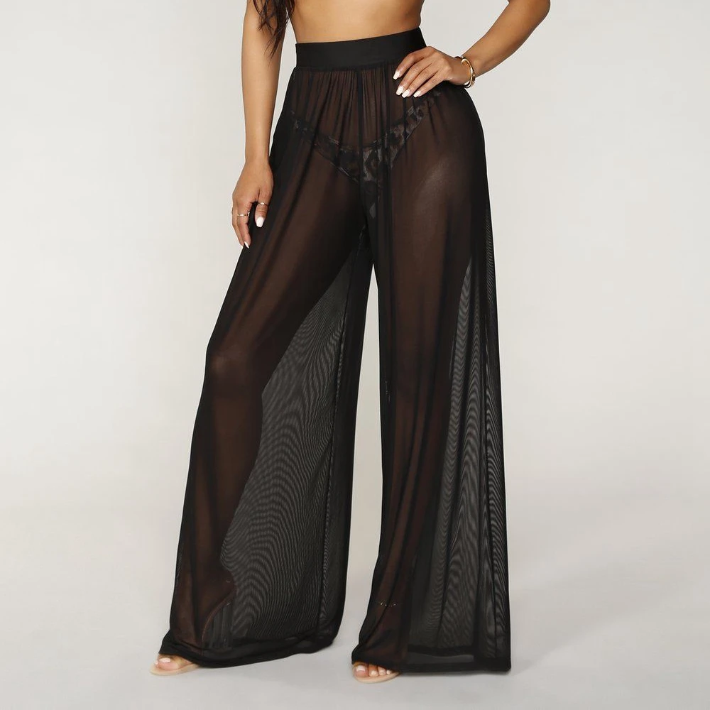 Women See Through Boho Wide Leg High Waist Trousers Beach Long Loose Mesh Sheer Pants Bikini Bottom Cover-Up  Beachwear