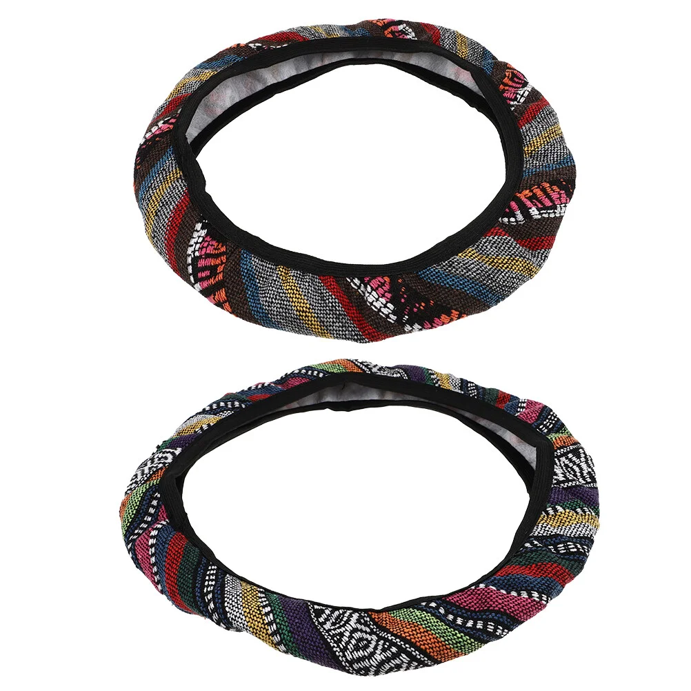 

2 Pcs Steering Wheel Cover Silicone Ethnic Style Universal Imitation Linen Car Covers