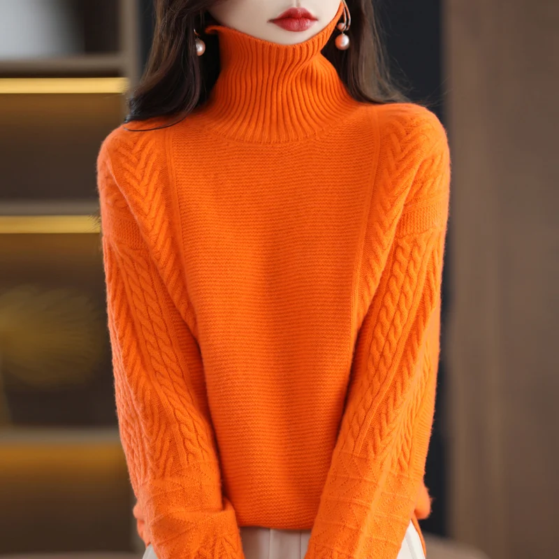 Autumn And Winter New Thickened High Neck Twisted 100 Pure Wool Sweater Feminine Versatile Popular Loose Sweater Base Coat