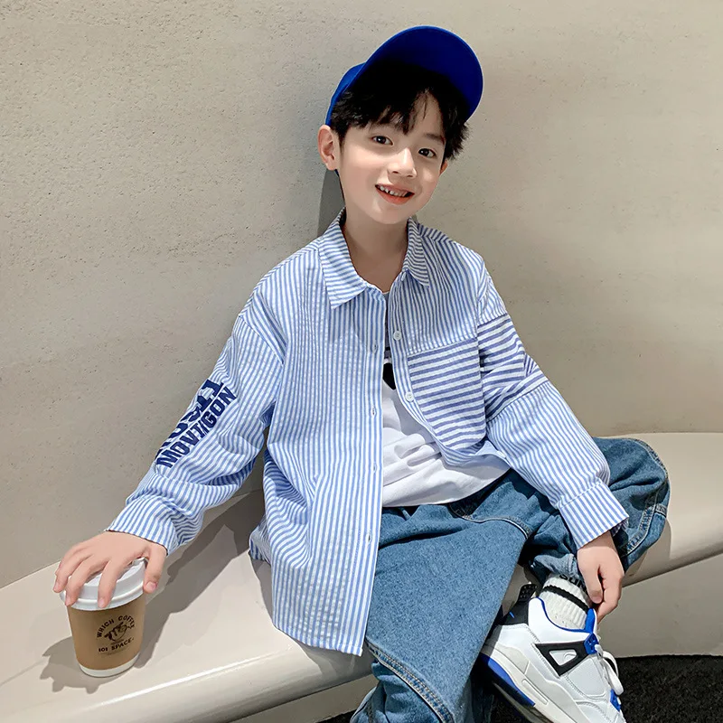 Рубашка хлопковая с длинным рукавом для мальчиков 4-15 лет | Блузки и рубашки