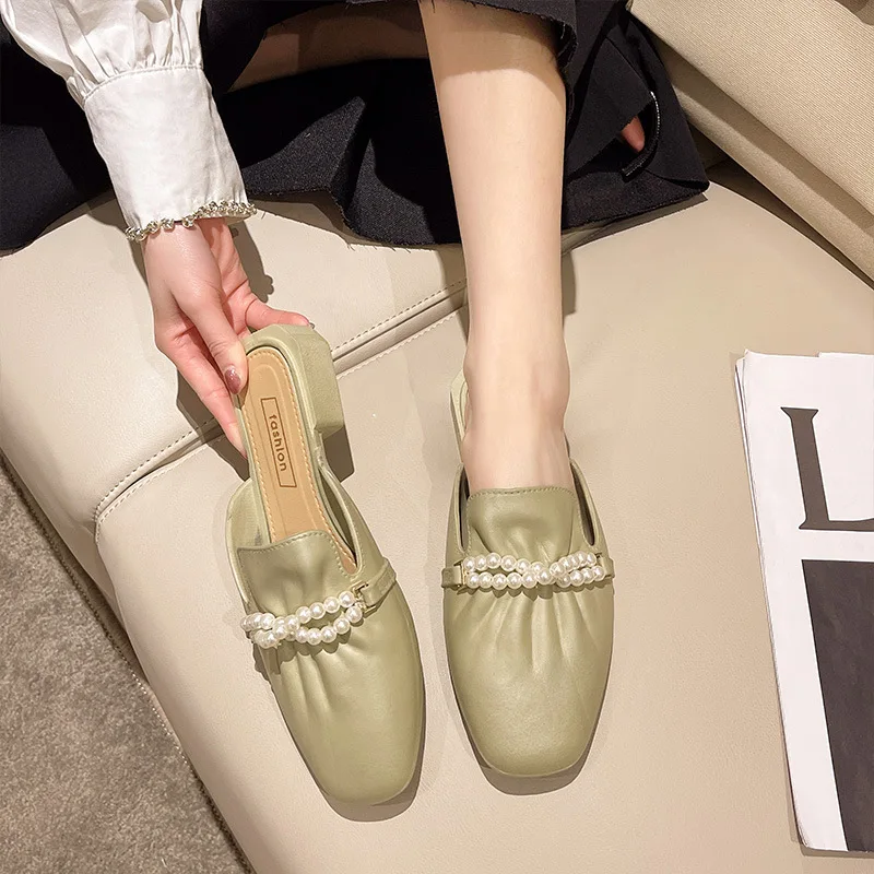 

New Fashion Summer Womens Sandals Baotou Half pearl Slippers Female Summer Shoes outdoor beachWomen Lady Flats Slippers Sandals