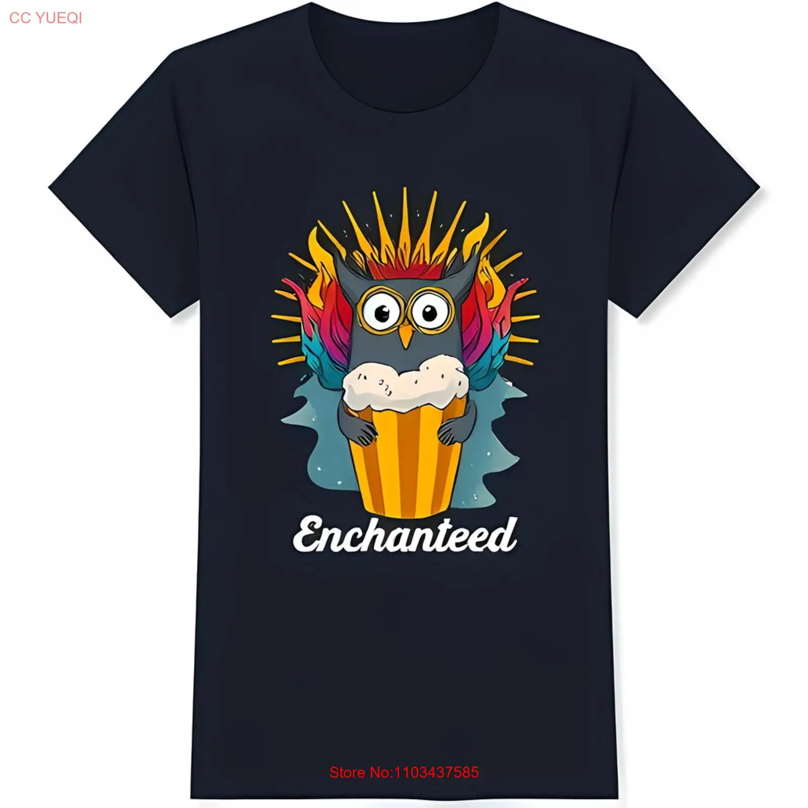 Черная футболка с забавной мультяшной совой и радужным пламенем