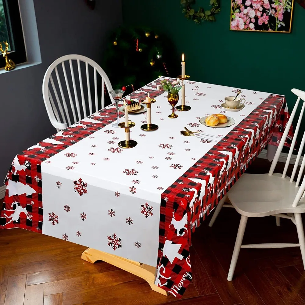 

Red Plaid New Year Tablecloth Merry Christmas Rectangular Waterproof PVC Xmas Tree Snowflake Elk Decoration Table Cover New Year