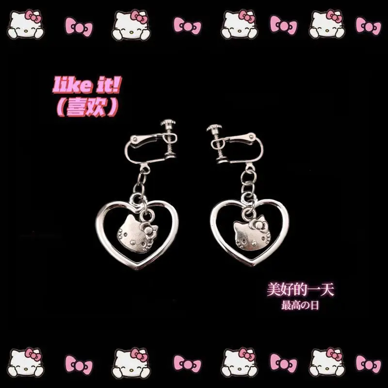 

Kawaii Cute Hello Kitty Love Heart Earrings Alloy Ear Clip Earrings No Pierced Ears Can Be Worn