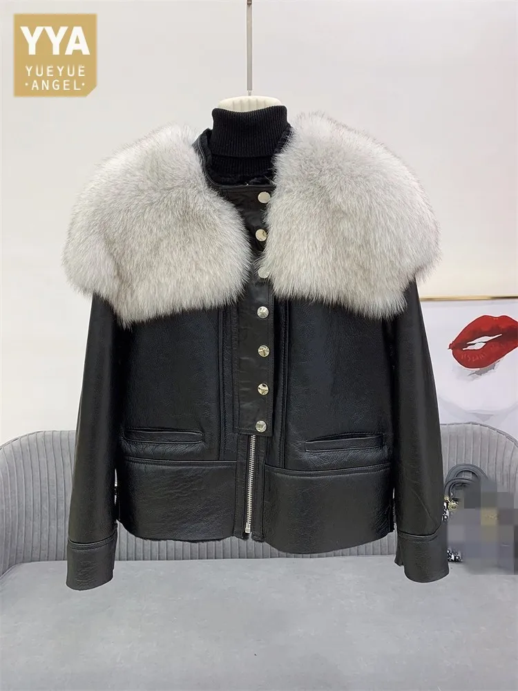 

Fox Fur Collar Women Luxury Genuine Leather Shearling Jacket Winter Thick Warm Real Fur Wool Lining Sheepskin Short Coat Female