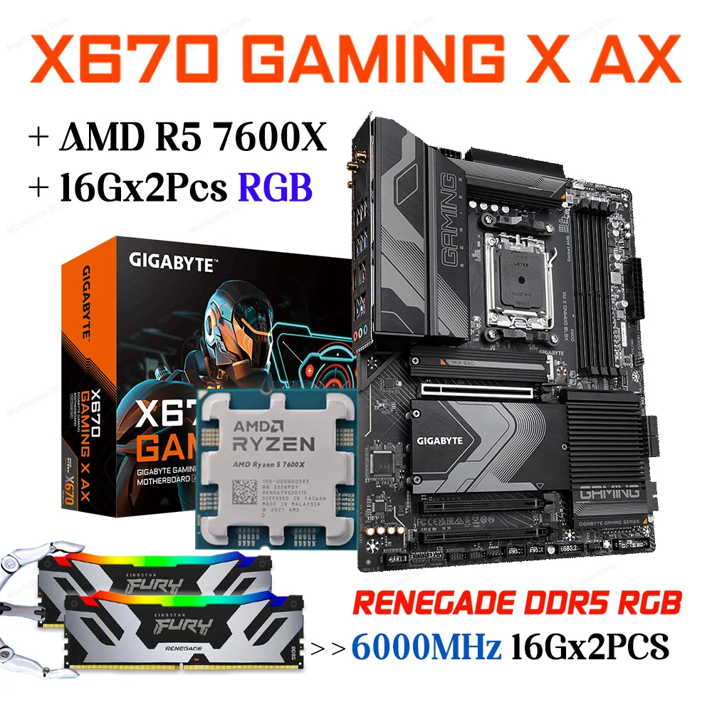 

GIGABYTE X670 GAMING X AX Motherboard DDR5 Establece AMD R5 7600X CPU+Renegade Memory 6000MHz AM5 D5 16GBx2PCS Socket AM5 RGB