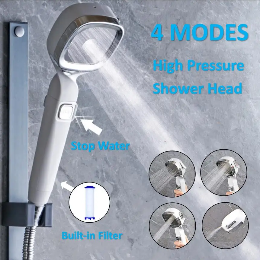 

Насадка для душа, Лейка с кнопкой включения/выключения, 4 режима, экономия воды, регулируемый фильтр для ванной комнаты