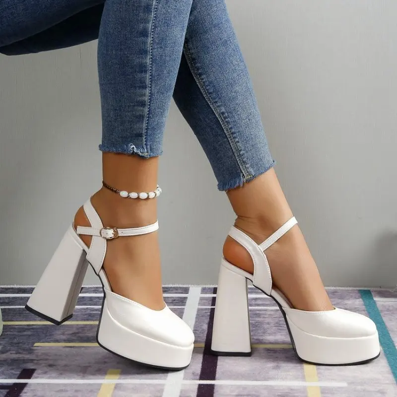 White Heels Shoes for Women Summer Fashion Square Head Buckle Mary Jane Shoes Outdoor Party Chunky Sandals Zapatos De Tacon New