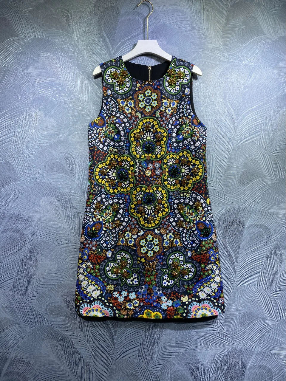 Europe Style Summer Runways Women's High Quality Crystal Flroal Print Sleeveless Dress A338