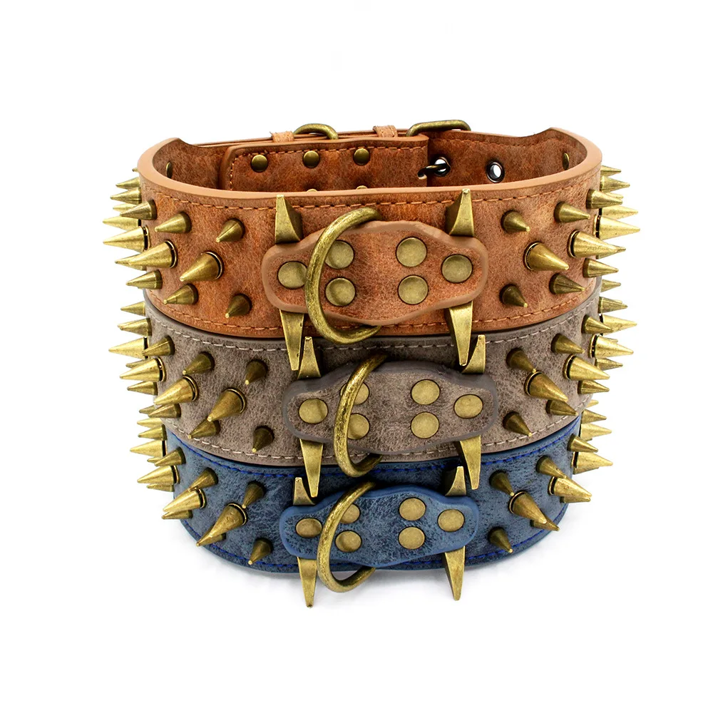 

Bronze Wolf Tooth Tip Nail Pet Collar Wear-resistant Pu Large Dog Collar Vintage Rivet Collar Accessories for Dogs