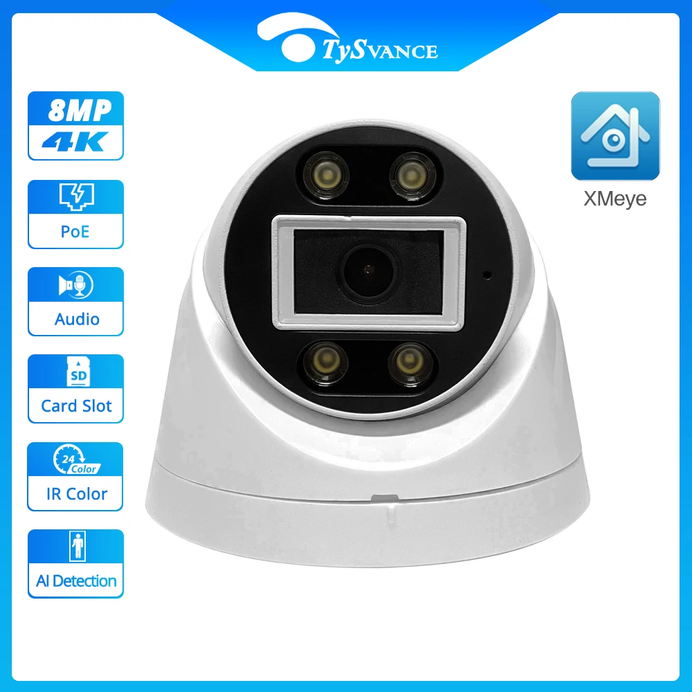

New 8MP 4K 5MP 4MP IP Camera Indoor Ai Humanoid Detection H.265 Onvif Color Night Vision POE Audio SD Card Slot Security Xmeye